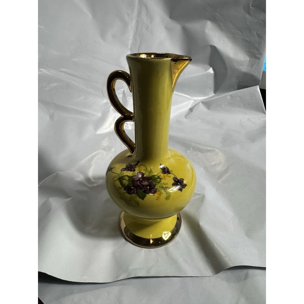 Vintage Yellow Ceramic Miniature Bud Vase Purple Violets Gold Trim 6.25in